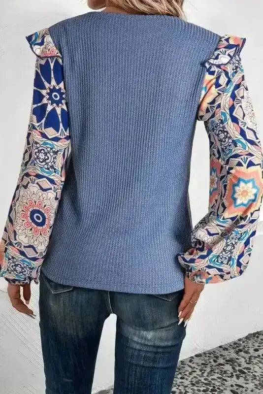 Floral Sleeve Waffle Knit Ruffle Blouse Women UK