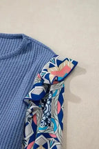 Floral Sleeve Waffle Knit Ruffle Blouse Women UK