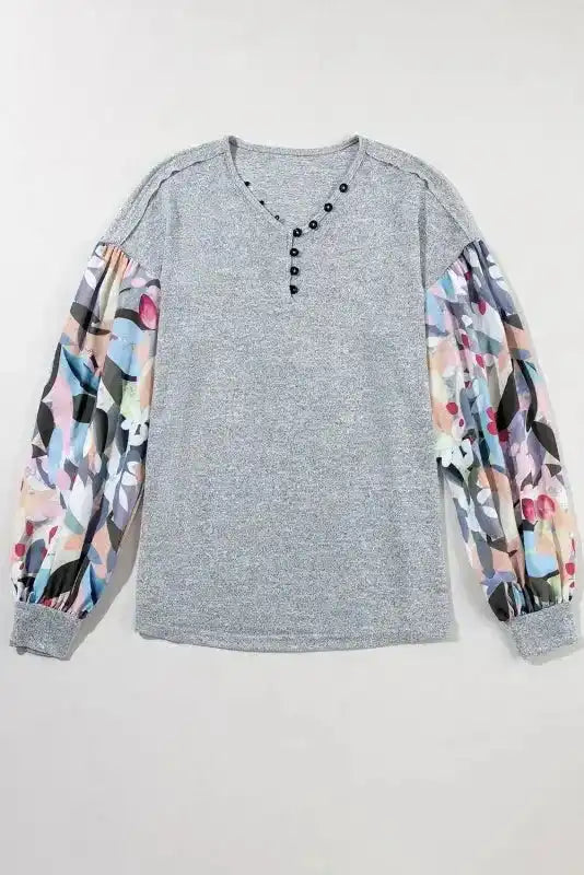 Grey Floral Sleeve Buttoned V-Neck Blouse Women UK