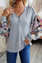 Grey Floral Sleeve Buttoned V-Neck Blouse Women UK