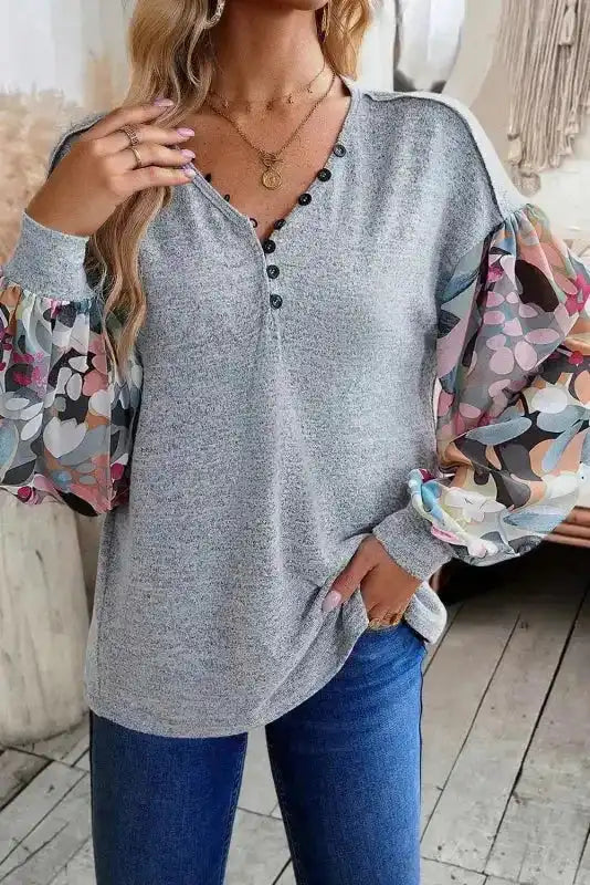 Grey Floral Sleeve Buttoned V-Neck Blouse Women UK
