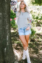 Grey Floral Sleeve Buttoned V-Neck Blouse Women UK