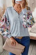 Grey Floral Sleeve Buttoned V-Neck Blouse Women UK