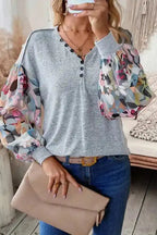 Grey Floral Sleeve Buttoned V-Neck Blouse Women UK