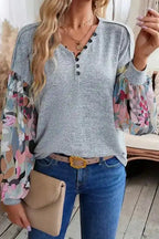 Grey Floral Sleeve Buttoned V-Neck Blouse Women UK