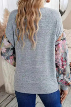 Grey Floral Sleeve Buttoned V-Neck Blouse Women UK