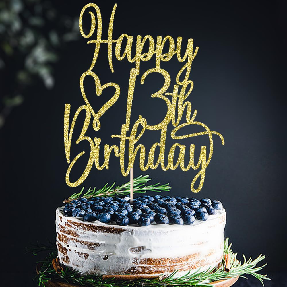 Florcmet Gold Glitter Happy 13th Birthday Cake Topper – 13th Birthday Party Decor