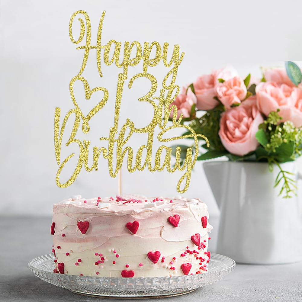 Florcmet Gold Glitter Happy 13th Birthday Cake Topper – 13th Birthday Party Decor
