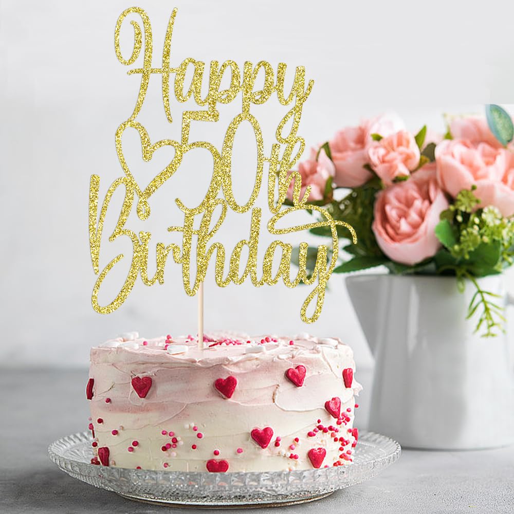 Florcmet Gold Glitter 50th Birthday Cake Topper – 50 & Fabulous Hello 50th