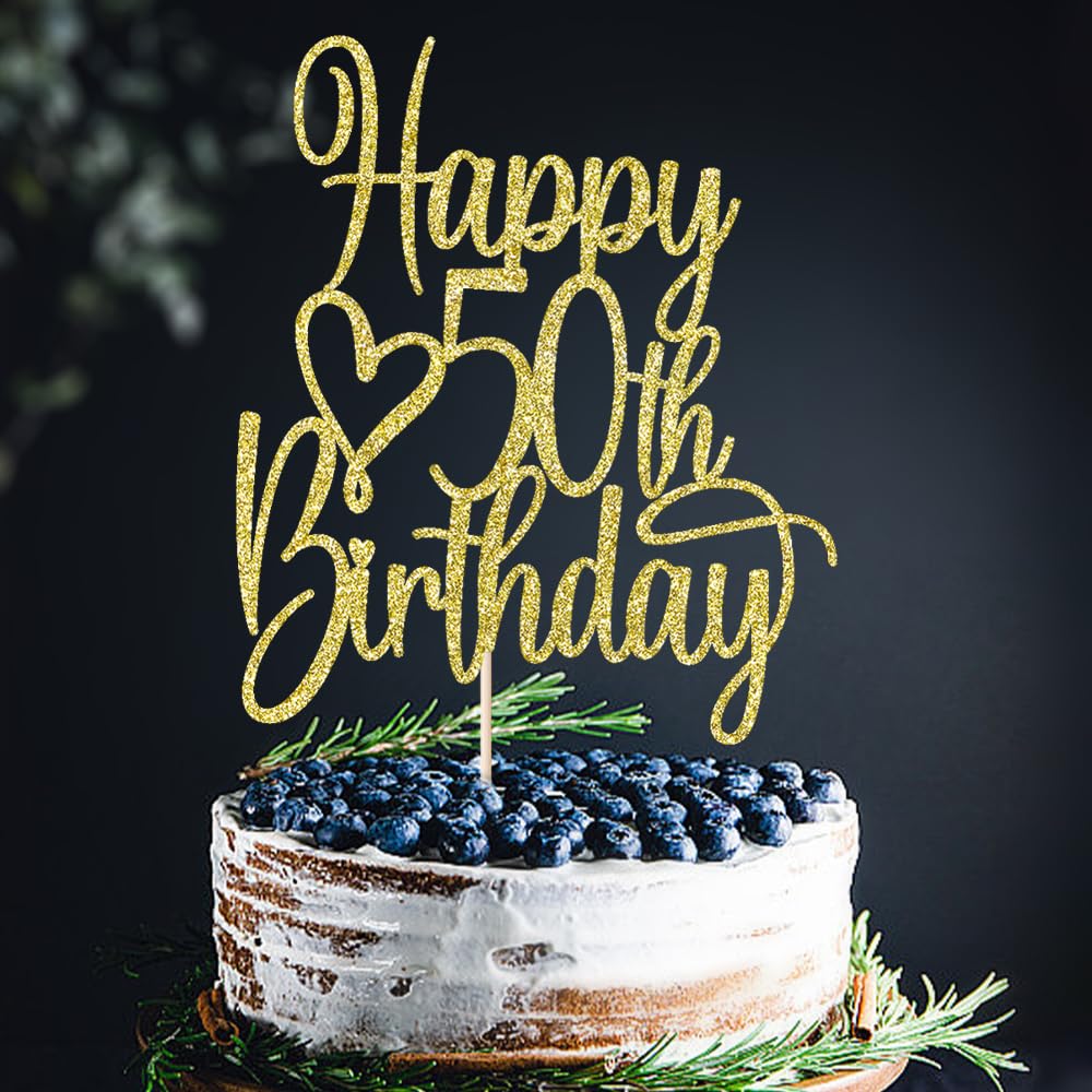 Florcmet Gold Glitter 50th Birthday Cake Topper – 50 & Fabulous Hello 50th