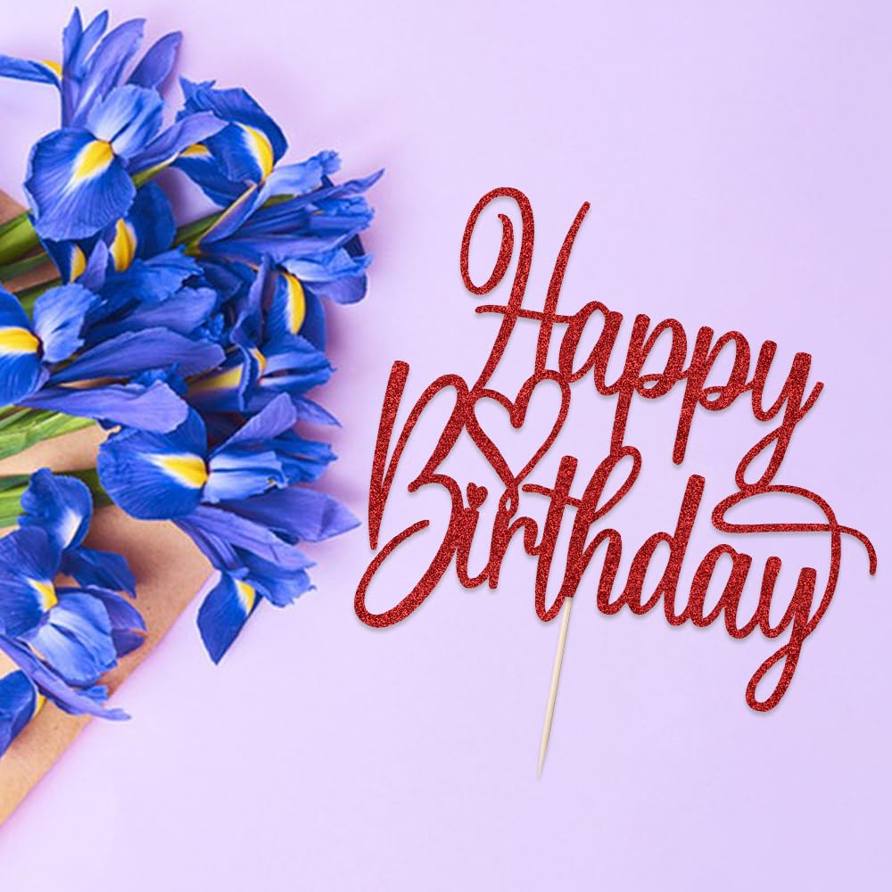 Florcmet Handmade Glitter Happy Birthday Cake Topper - Red, Pre-Assembled, 5.4 x 5.0 in