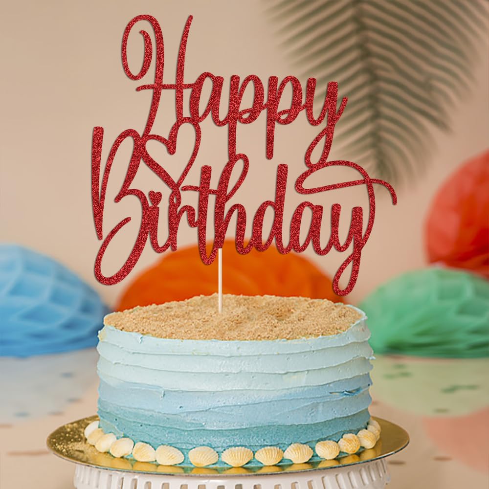 Florcmet Handmade Glitter Happy Birthday Cake Topper - Red, Pre-Assembled, 5.4 x 5.0 in