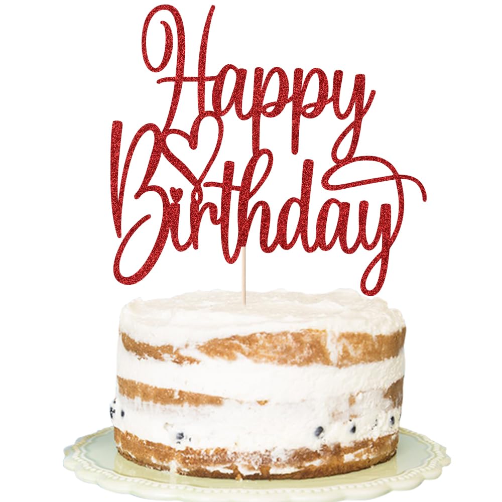 Florcmet Handmade Glitter Happy Birthday Cake Topper - Red, Pre-Assembled, 5.4 x 5.0 in