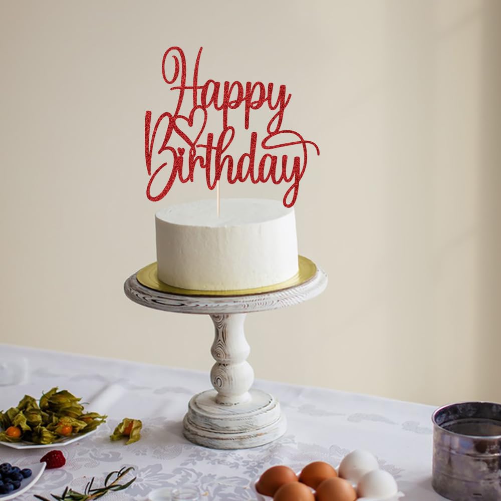 Florcmet Handmade Glitter Happy Birthday Cake Topper - Red, Pre-Assembled, 5.4 x 5.0 in