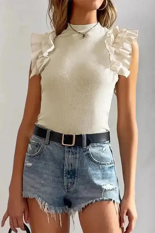 Beige Flutter Sleeve High Neck Ribbed Blouse Ruffle Slim Fit