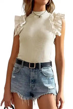 Beige Flutter Sleeve High Neck Ribbed Blouse Ruffle Slim Fit