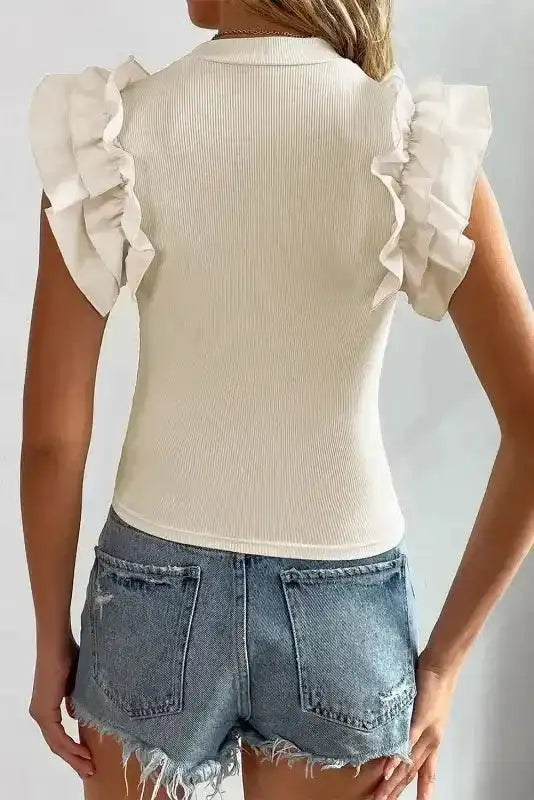 Beige Flutter Sleeve High Neck Ribbed Blouse Ruffle Slim Fit