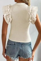 Beige Flutter Sleeve High Neck Ribbed Blouse Ruffle Slim Fit