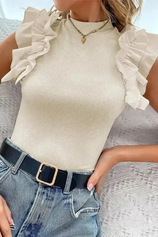 Beige Flutter Sleeve High Neck Ribbed Blouse Ruffle Slim Fit