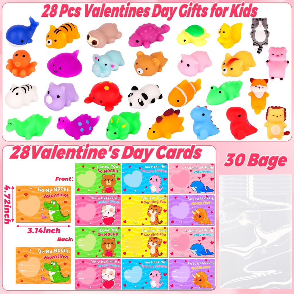 FLYSNK 28 Pack Valentines Day Cards with Animals Mochi Squishies – Classroom Gifts & Party Favors
