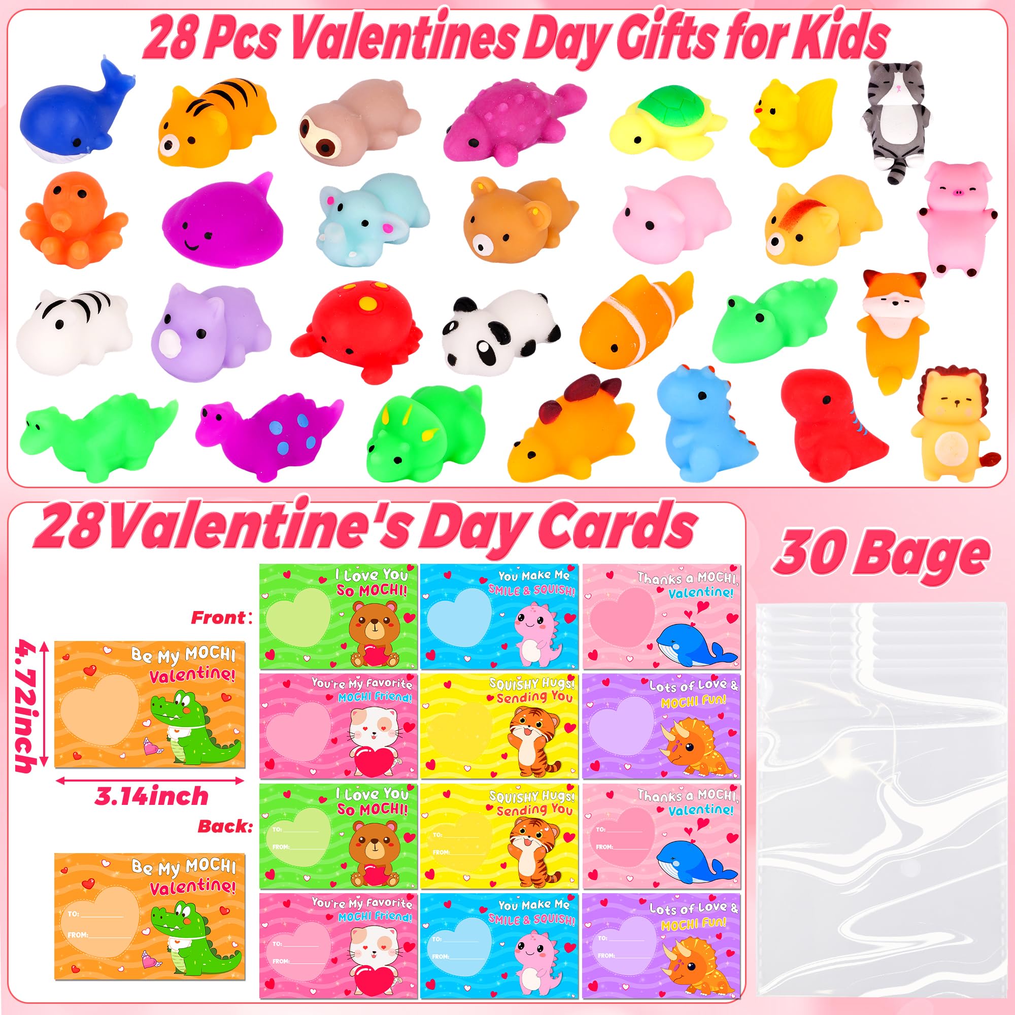 FLYSNK 28 Pack Valentines Day Cards with Animals Mochi Squishies – Classroom Gifts & Party Favors