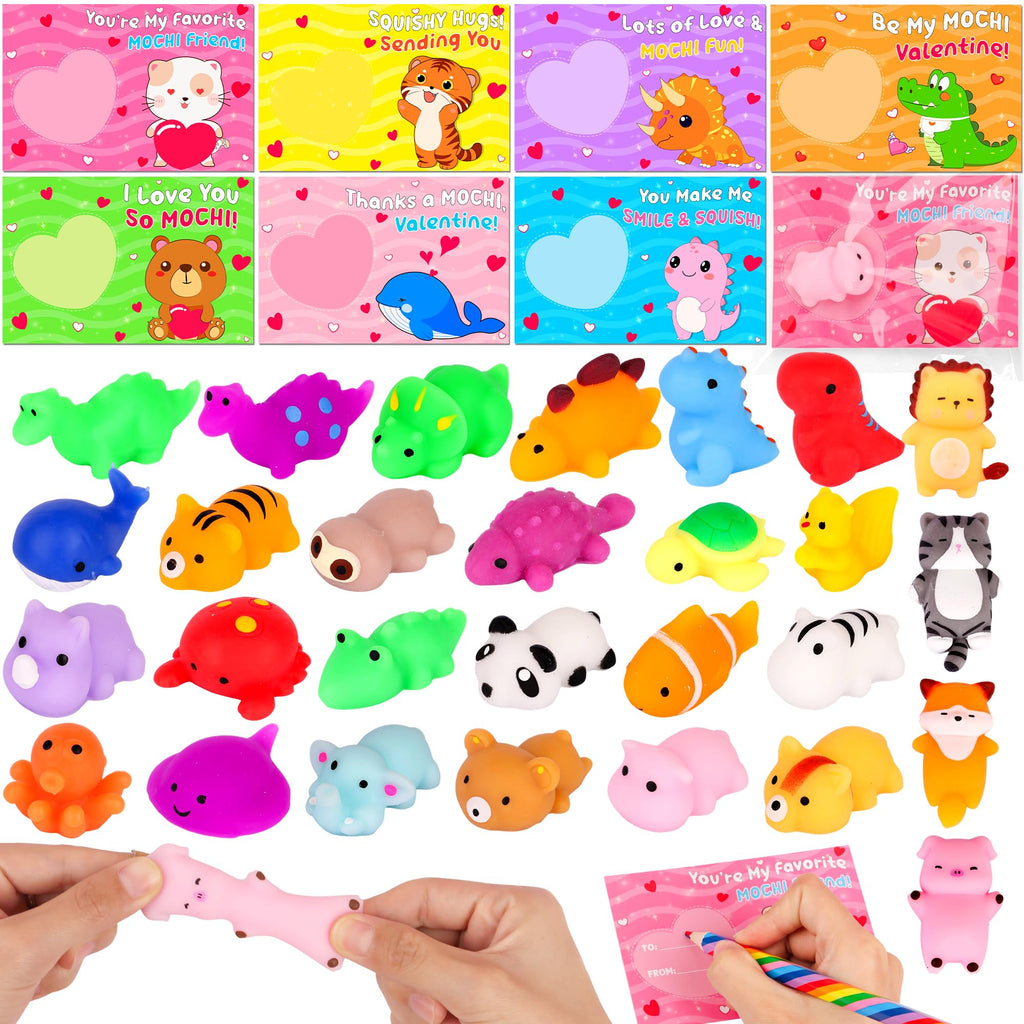 FLYSNK 28 Pack Valentines Day Cards with Animals Mochi Squishies – Classroom Gifts & Party Favors