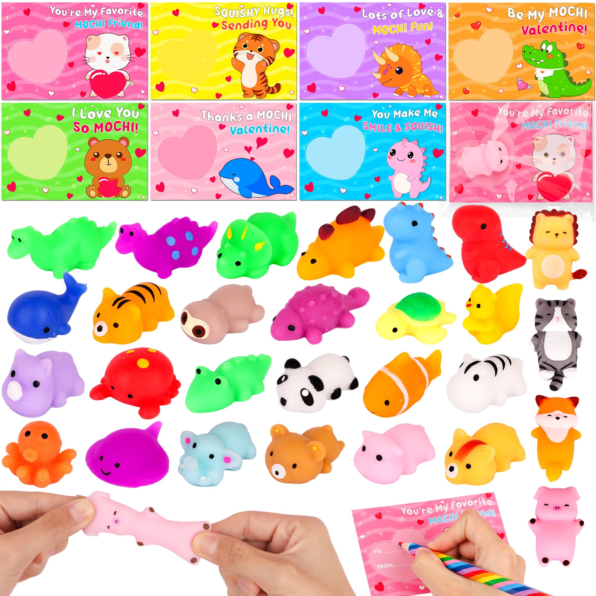FLYSNK 28 Pack Valentines Day Cards with Animals Mochi Squishies – Classroom Gifts & Party Favors