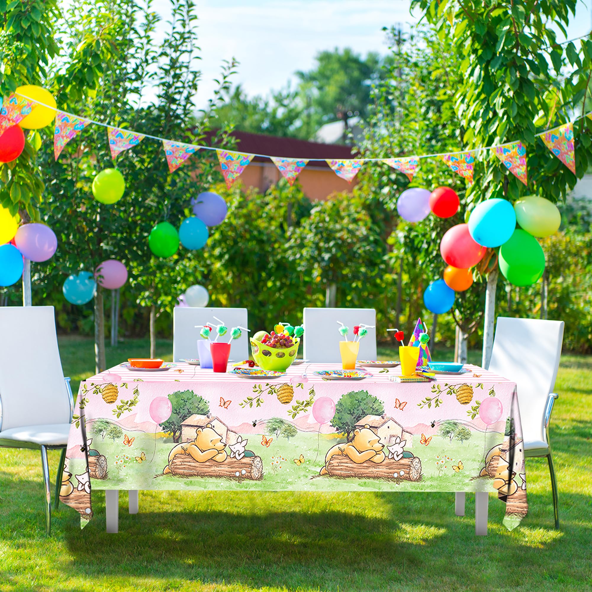 FOLNESH Pink Classic Bear Tablecloths 3pc, 54x108in – Baby Shower Winnie Bear Theme