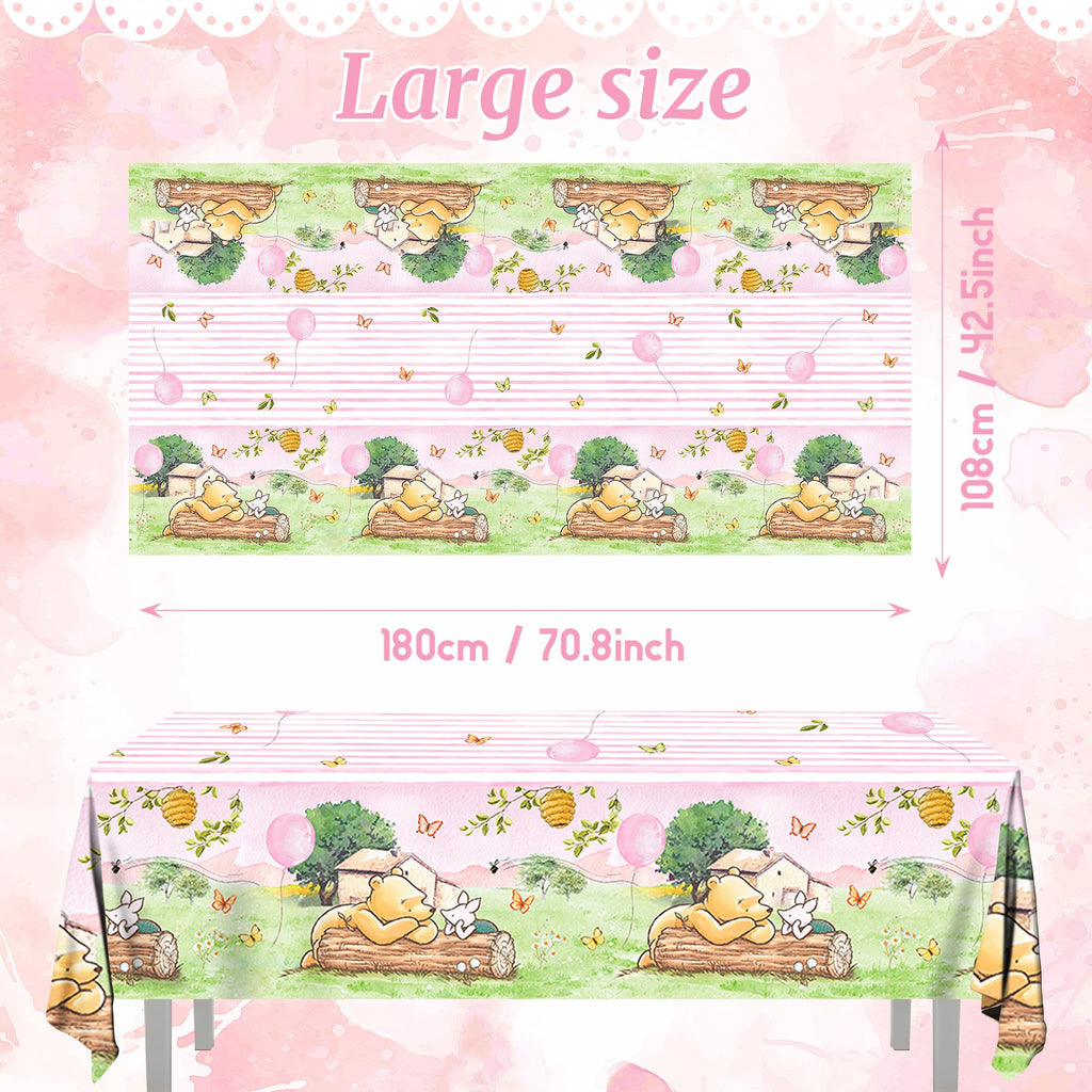 FOLNESH Pink Classic Bear Tablecloths 3pc, 54x108in – Baby Shower Winnie Bear Theme
