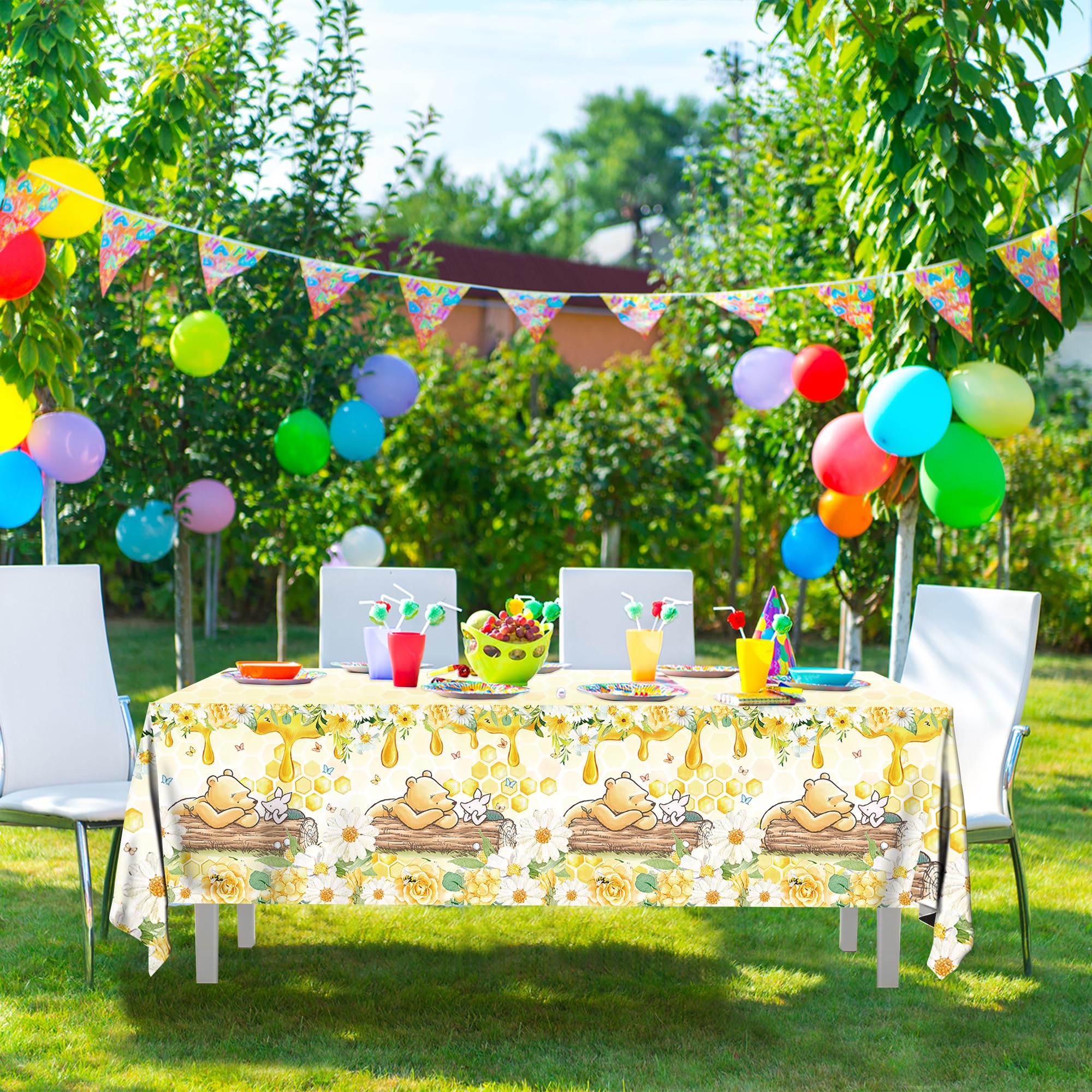 FOLNESH 3Pcs Winnie Bear Baby Shower Tablecloths — 107x53 in Yellow Table Cover, Disposable Party Decor