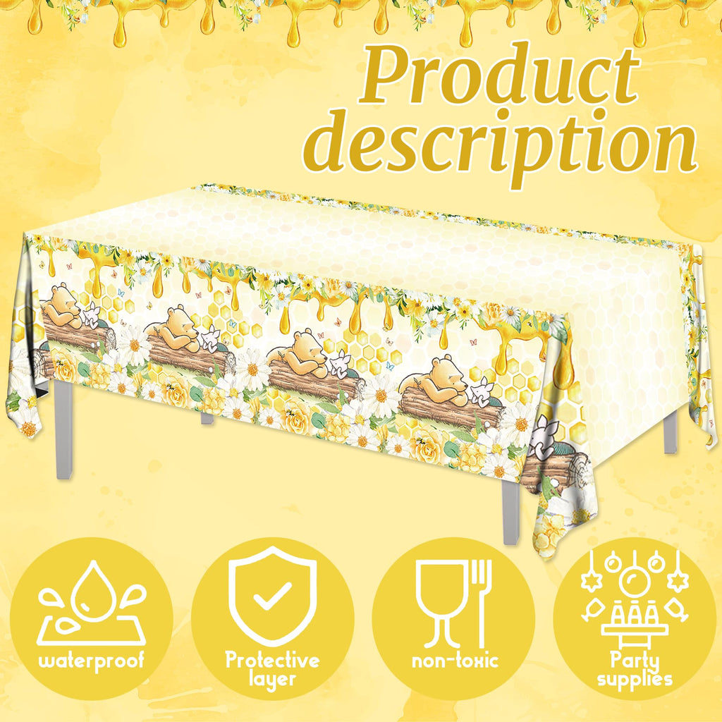 FOLNESH 3Pcs Winnie Bear Baby Shower Tablecloths — 107x53 in Yellow Table Cover, Disposable Party Decor