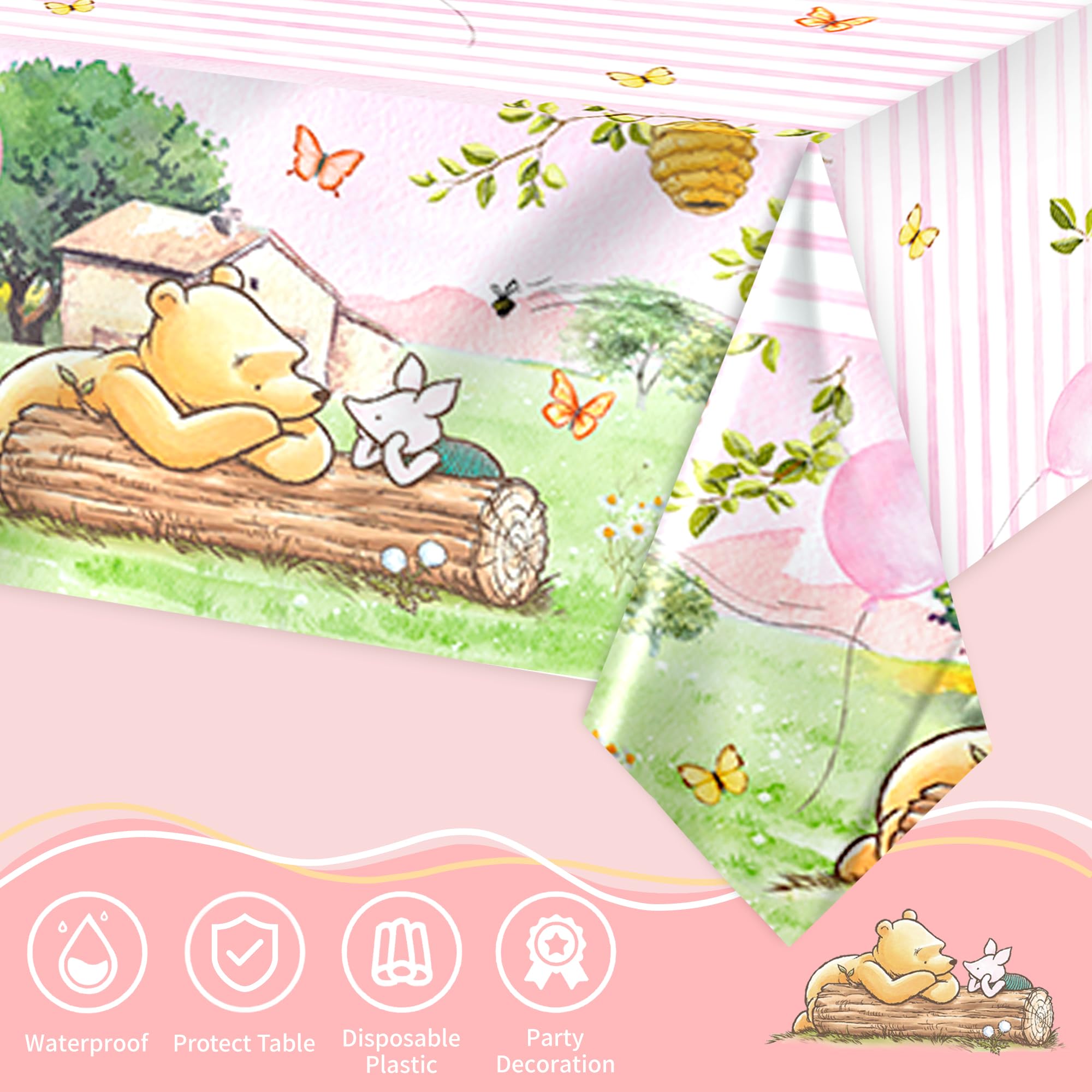 FOLNESH Pink Classic Bear Tablecloths 3pc, 54x108in – Baby Shower Winnie Bear Theme
