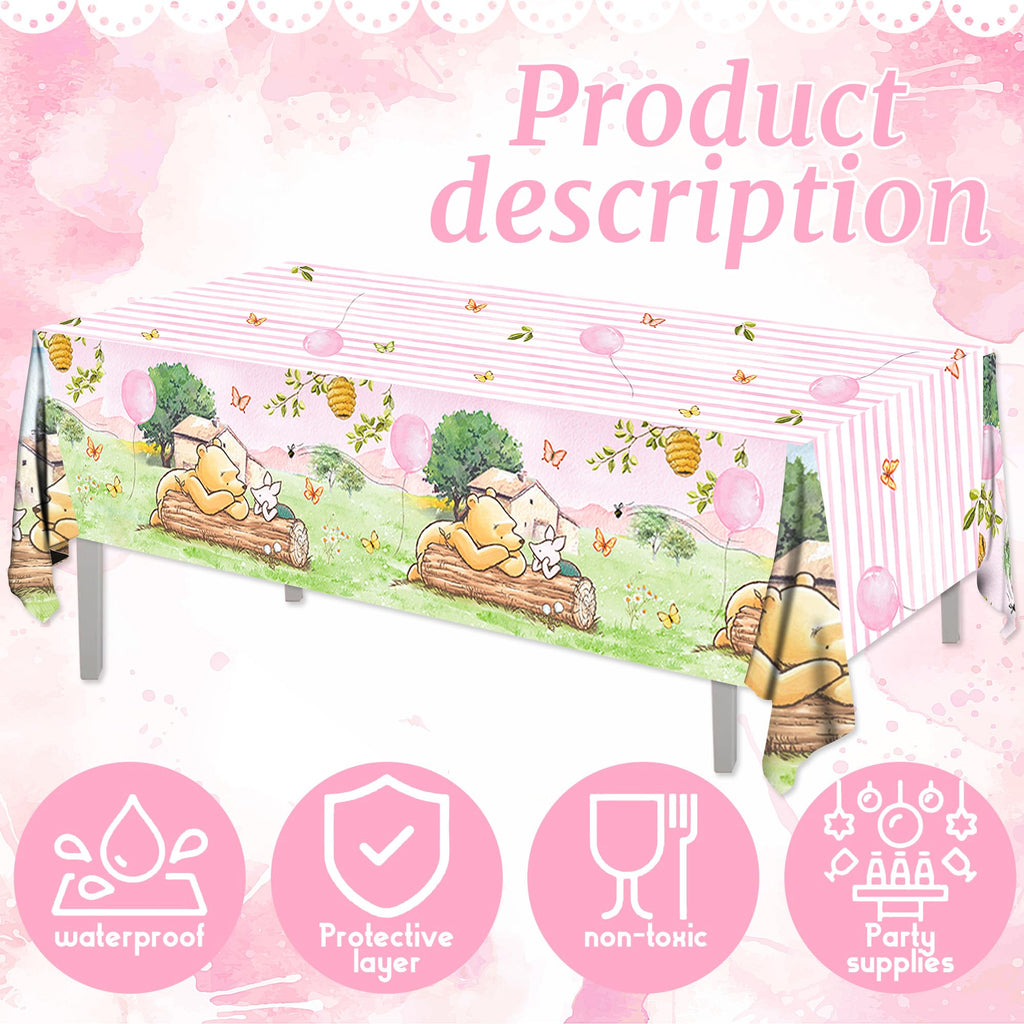 FOLNESH Pink Classic Bear Tablecloths 3pc, 54x108in – Baby Shower Winnie Bear Theme