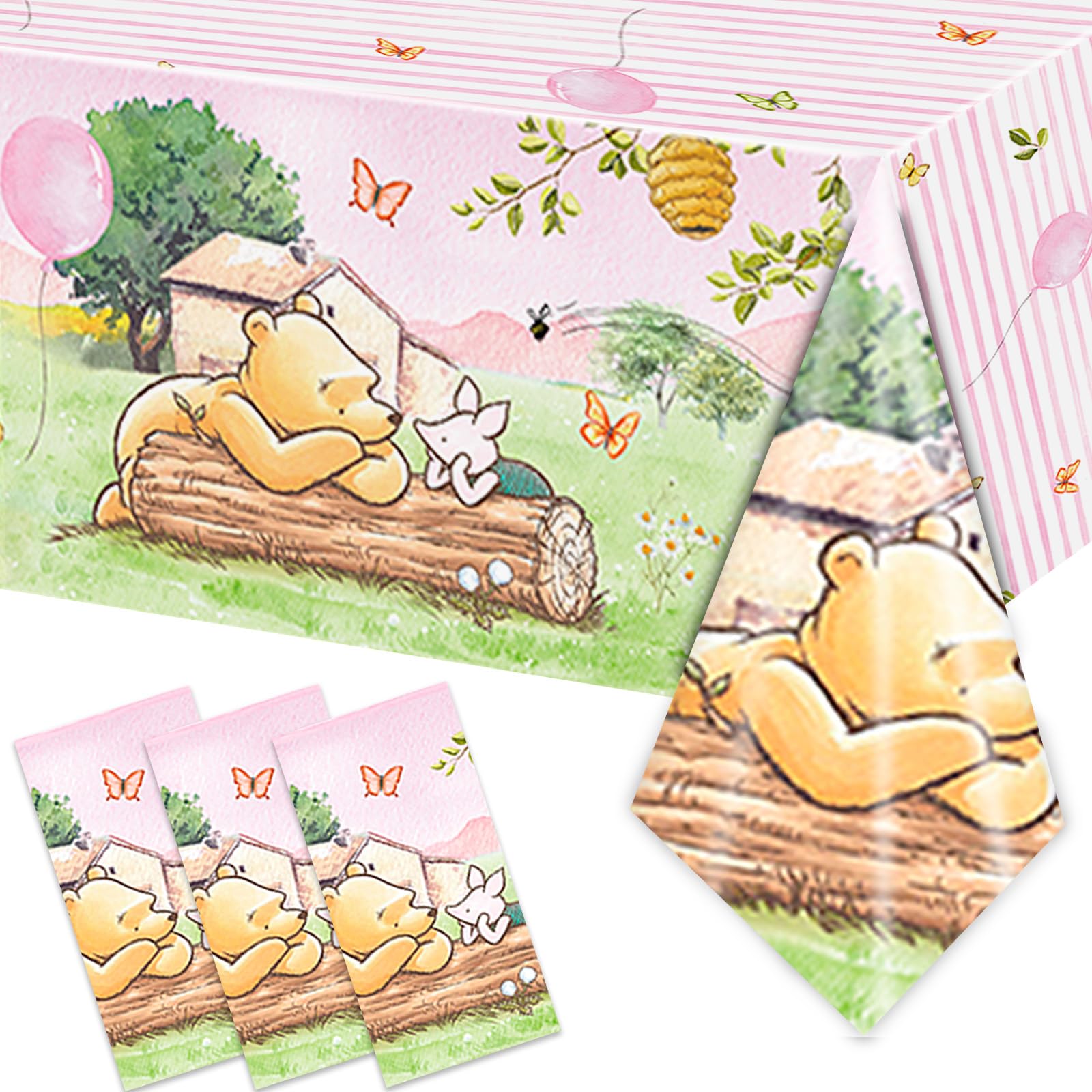 FOLNESH Pink Classic Bear Tablecloths 3pc, 54x108in – Baby Shower Winnie Bear Theme