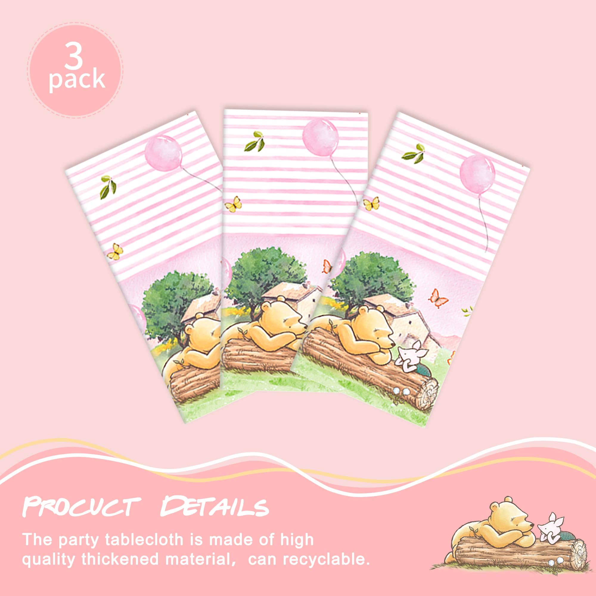 FOLNESH Pink Classic Bear Tablecloths 3pc, 54x108in – Baby Shower Winnie Bear Theme
