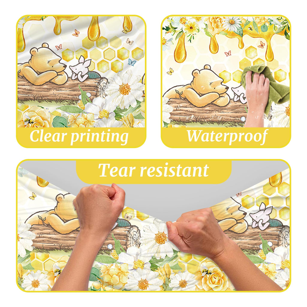 FOLNESH 3Pcs Winnie Bear Baby Shower Tablecloths — 107x53 in Yellow Table Cover, Disposable Party Decor
