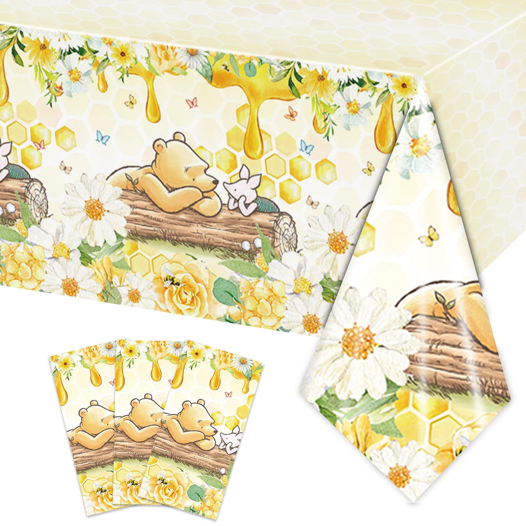 FOLNESH 3Pcs Winnie Bear Baby Shower Tablecloths — 107x53 in Yellow Table Cover, Disposable Party Decor