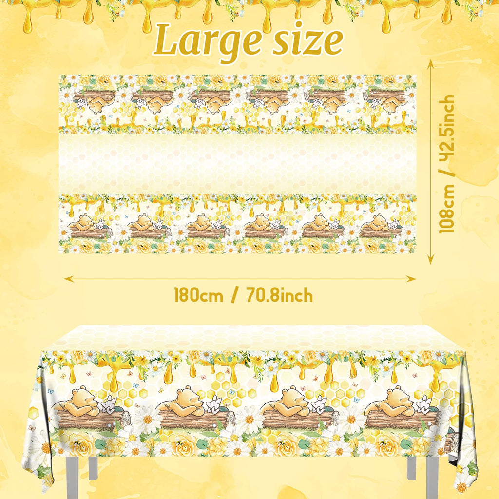 FOLNESH 3Pcs Winnie Bear Baby Shower Tablecloths — 107x53 in Yellow Table Cover, Disposable Party Decor