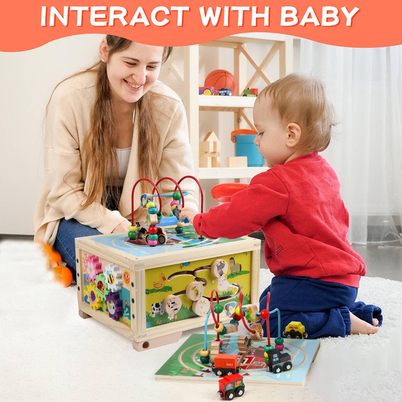 FOPNETS Wooden Activity Cube 7-in-1 Montessori Toys for Toddlers 1+