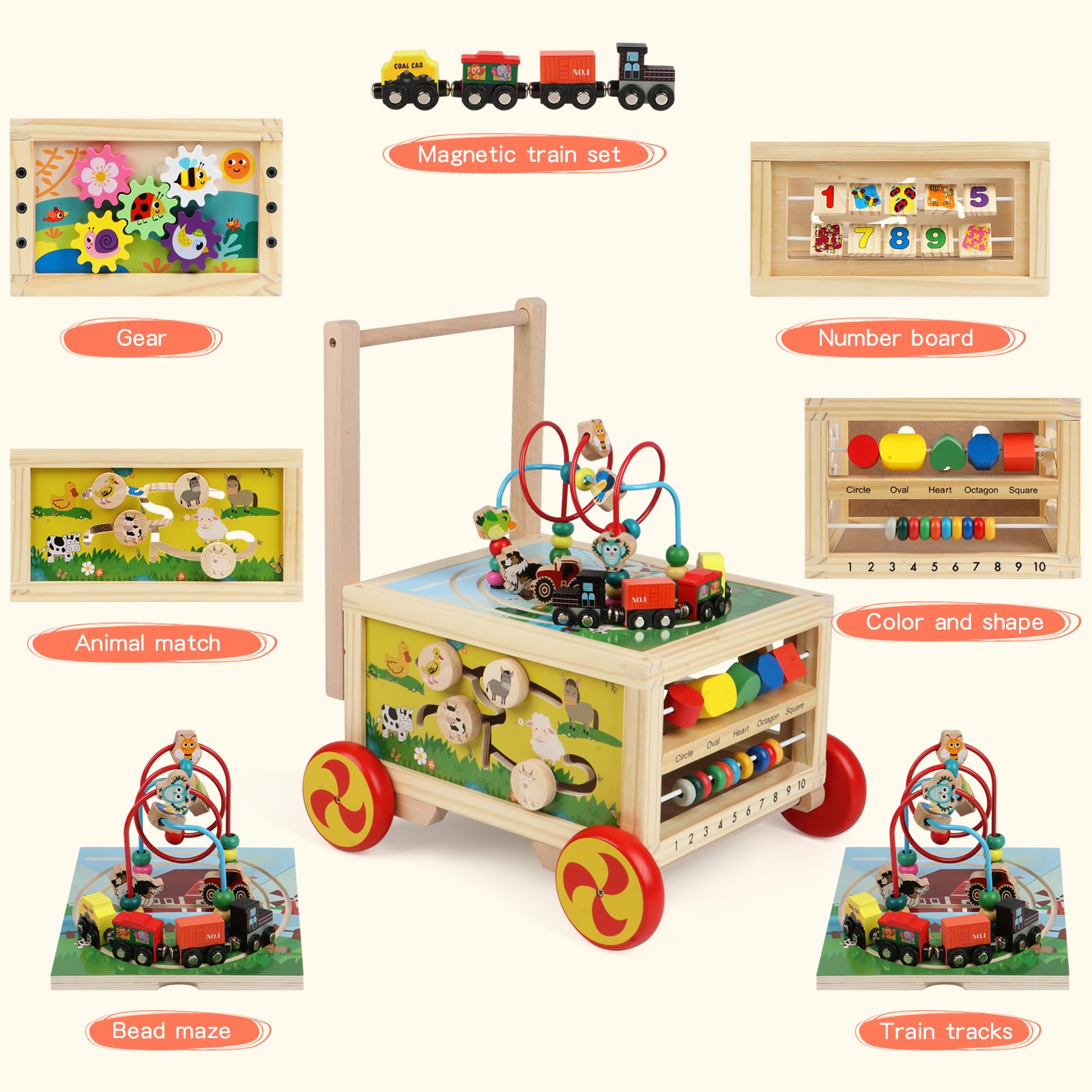 FOPNETS Wooden Activity Cube 7-in-1 Montessori Toys for Toddlers 1+