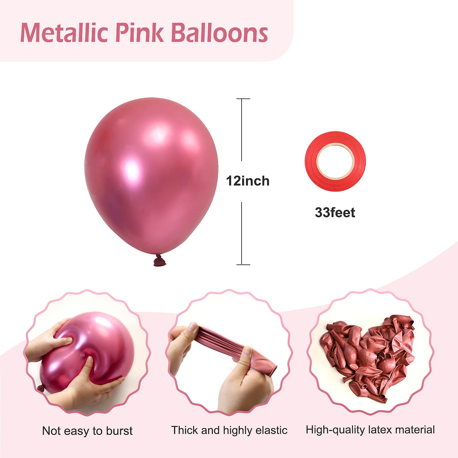 FOTIOMRG Metallic Pink Balloons 12in - 50 Pack Chrome Pink Latex Party Balloons for Birthday, Wedding & More