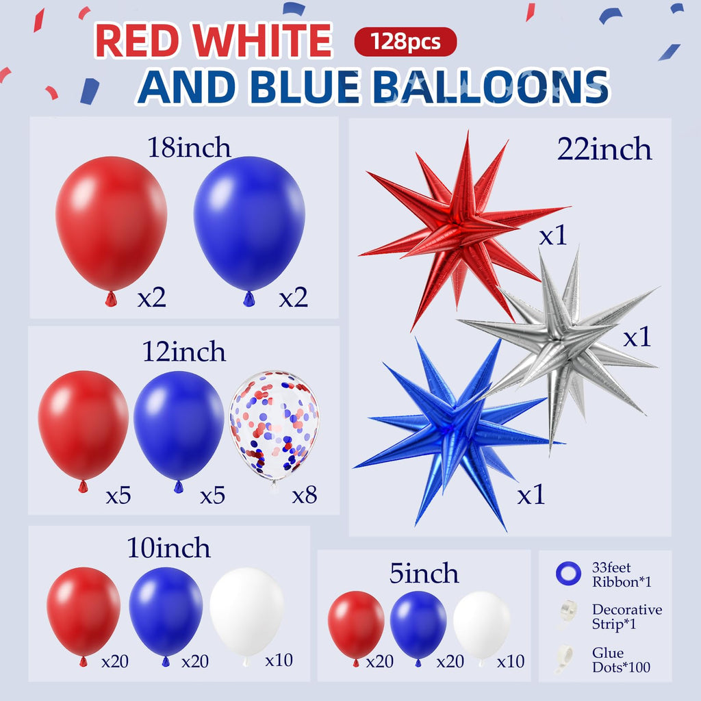 FOTIOMRG Red White Blue Balloons Garland Arch Kit – 128pc Party Decor