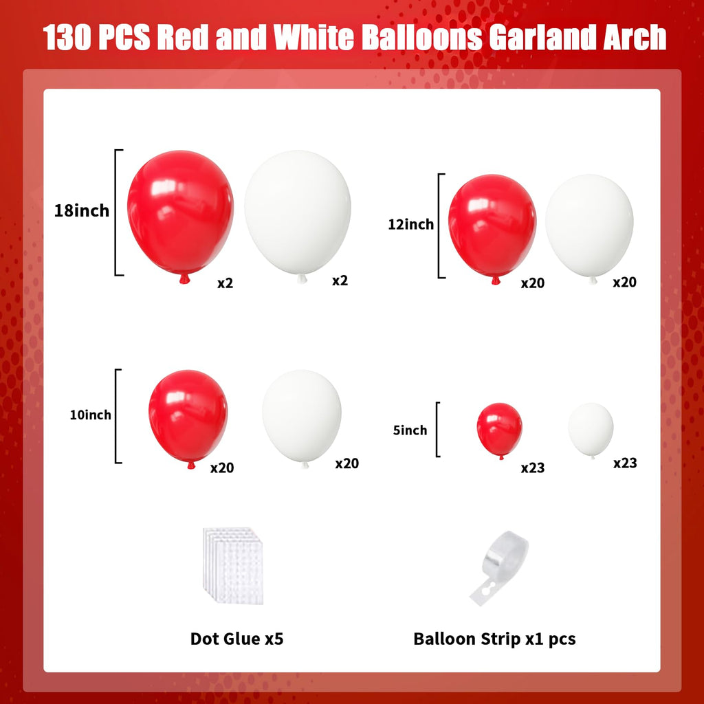 FQZYLCH Red & White Balloons Garland Arch Kit | 130pcs Matte Latex for Weddings & Parties