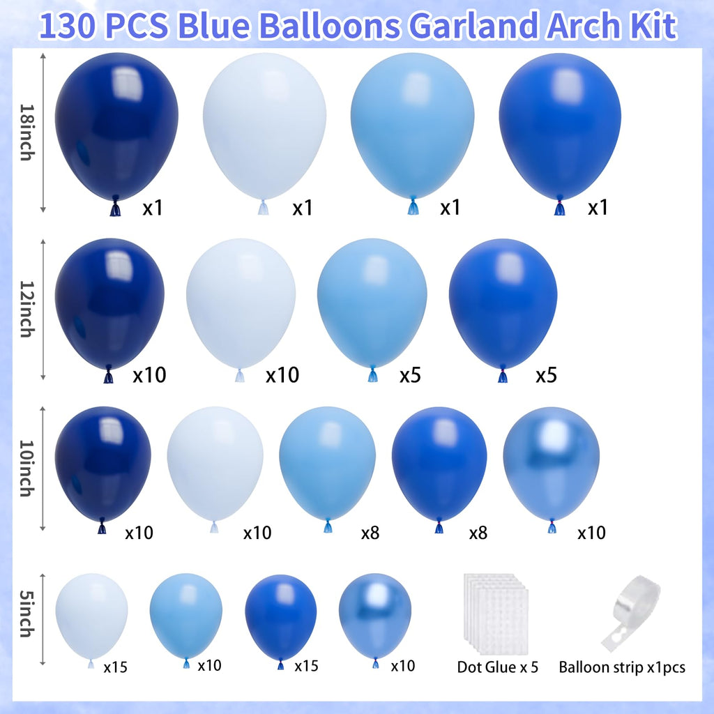 FQZYLCH Blue Balloons Garland Arch Kit — 130pcs Navy & Light Blue Party Decor