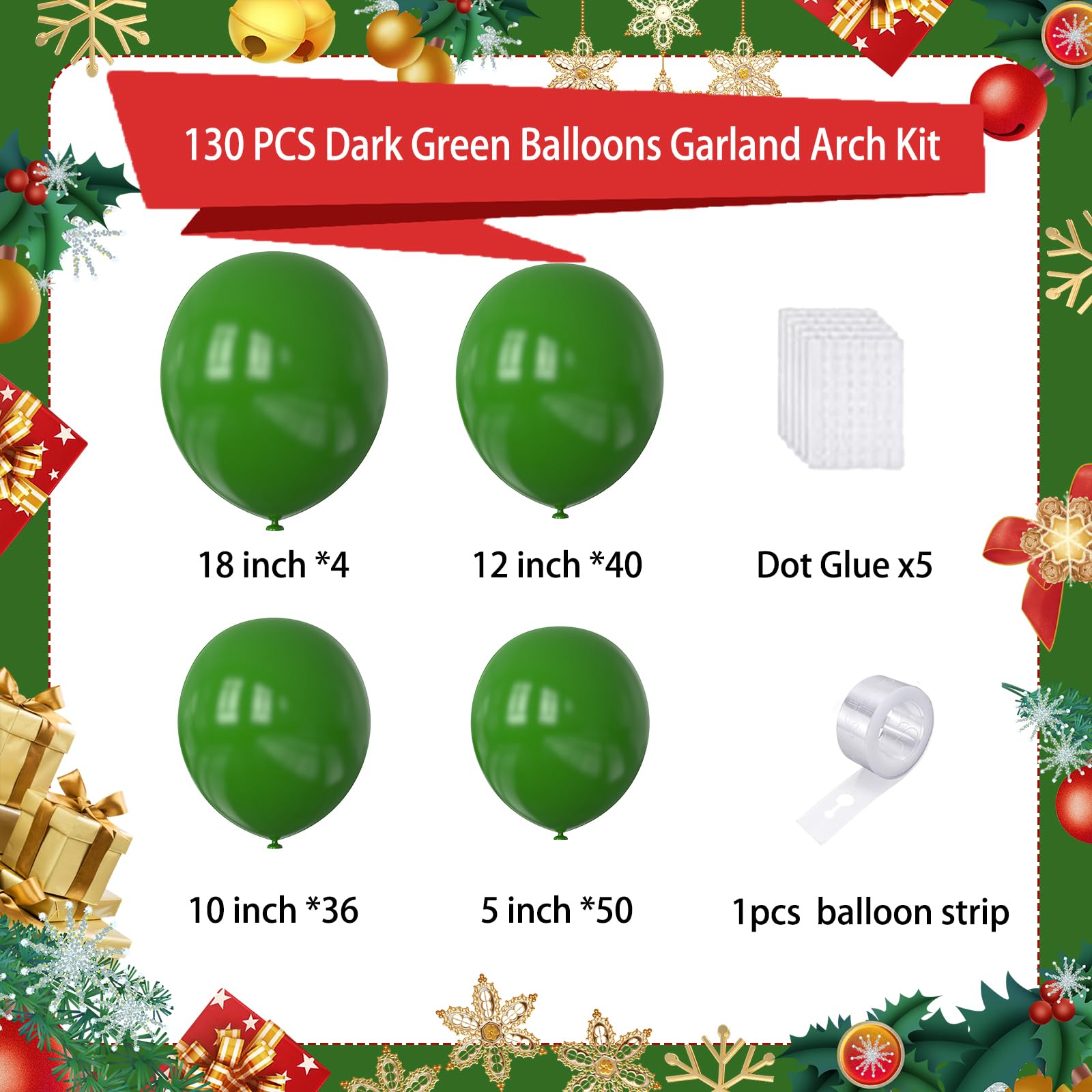 FQZYLCH Dark Green Balloons Garland Arch Kit – 130pcs Premium Latex, 18/12/10/5 Inch for Christmas & Parties