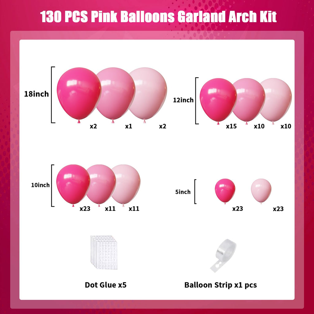 FQZYLCH Pink Balloons Garland Arch Kit — 130pcs Thickened Latex Balloons for Weddings & Parties