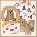 Frigg Brown Teddy Bear Plates – 24-Piece Bear Theme Party Supplies with Gold Border (Cups & Napkins)