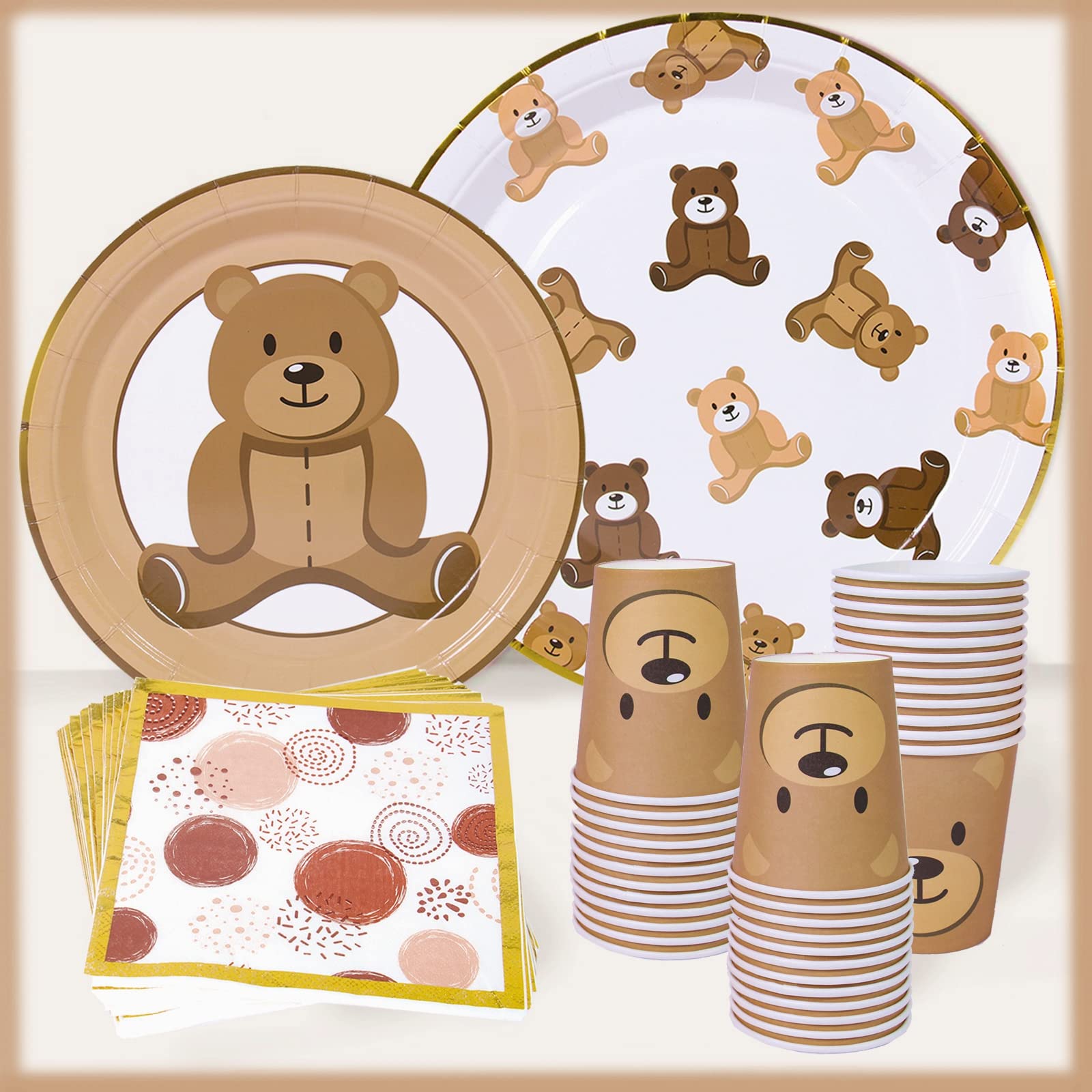 Frigg Brown Teddy Bear Plates – 24-Piece Bear Theme Party Supplies with Gold Border (Cups & Napkins)
