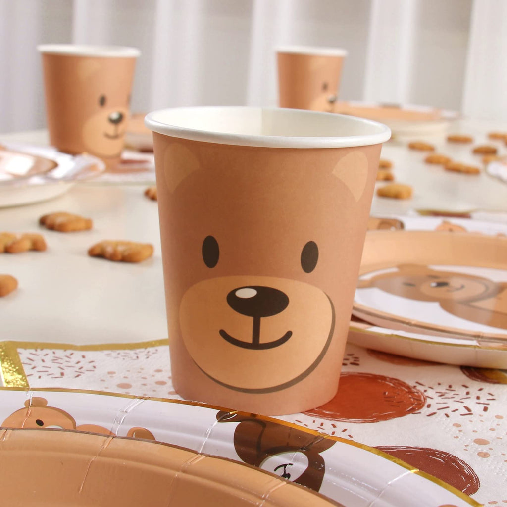 Frigg Brown Teddy Bear Plates – 24-Piece Bear Theme Party Supplies with Gold Border (Cups & Napkins)