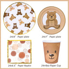 Frigg Brown Teddy Bear Plates – 24-Piece Bear Theme Party Supplies with Gold Border (Cups & Napkins)